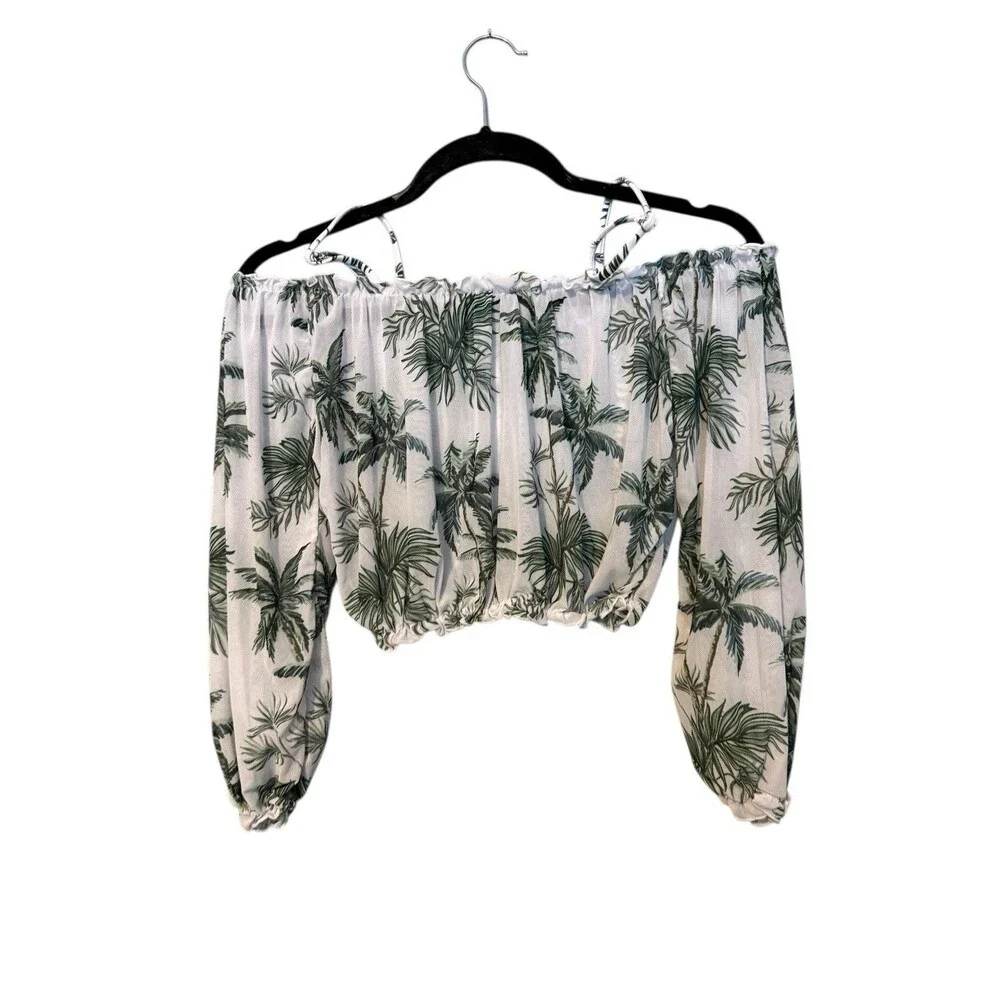 SHEIN Swimwear Cover Up Set Size Girls 12/13 Years Mesh White Green Palm Trees